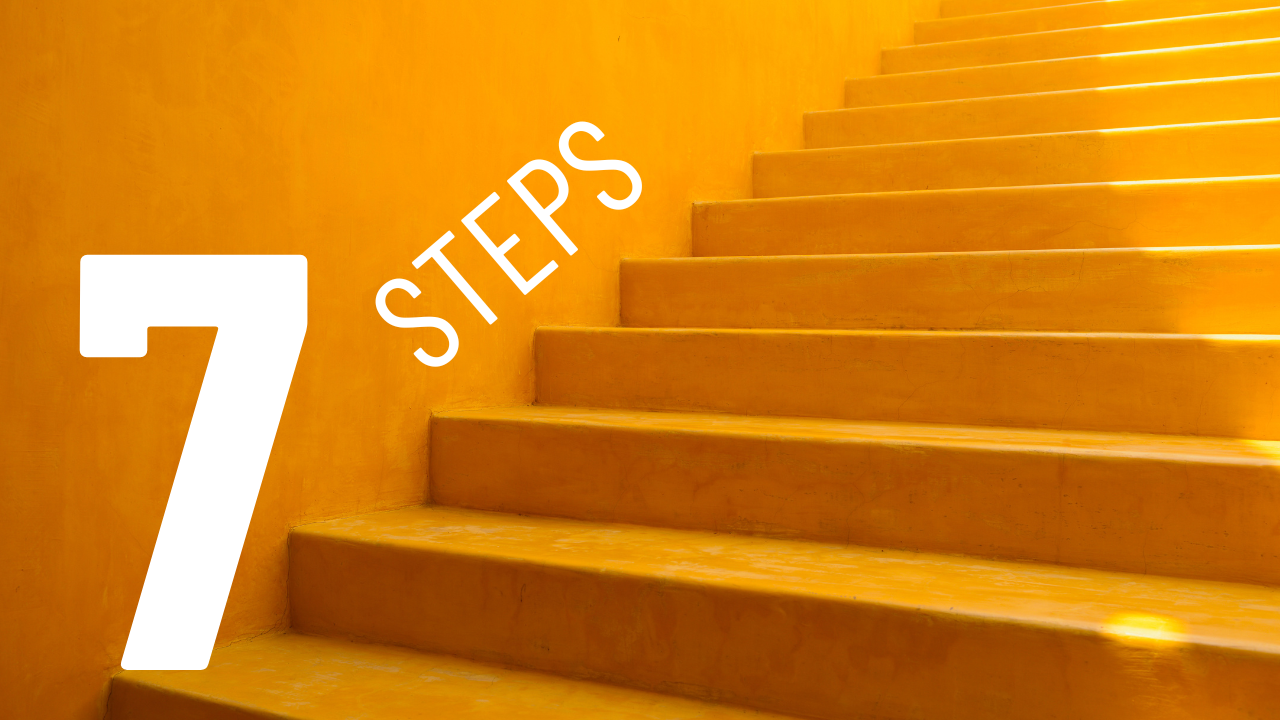 A number of orange stairs in a brightly lit stairway, representing the 7 key steps of the sales process.